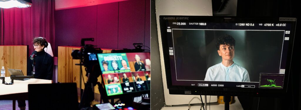 Flora in a recording studio and on a TV screen
